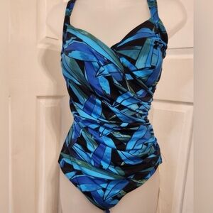 NEW women's  Blue Abstract Ruched One-Piece Swimsuit - Slimming